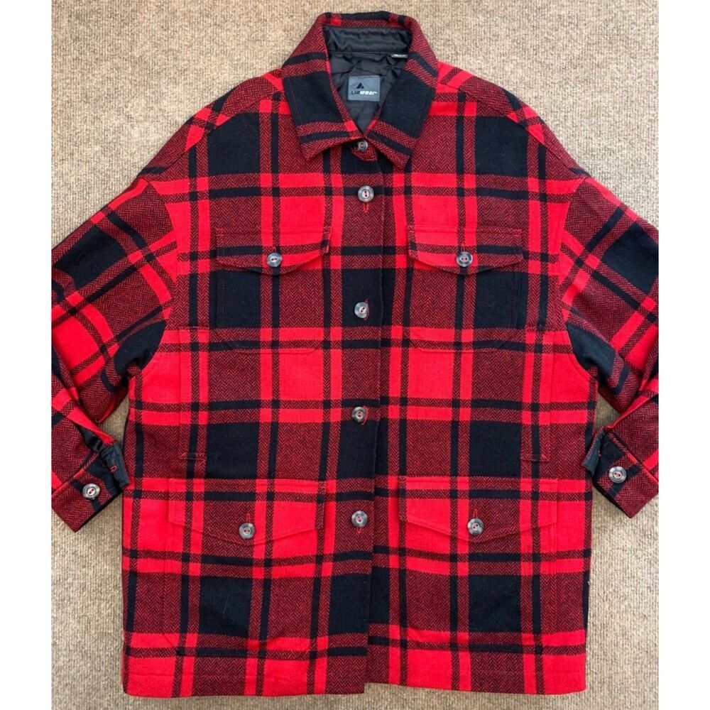 LizWear Jacket Womens 4 Long Sleeve Buffalo Plaid Quilted Trucker Wool Shacket
